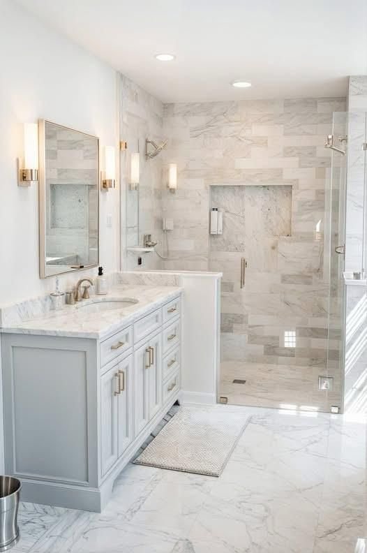 Marble-Finish Walk-In Shower & Custom Vanity